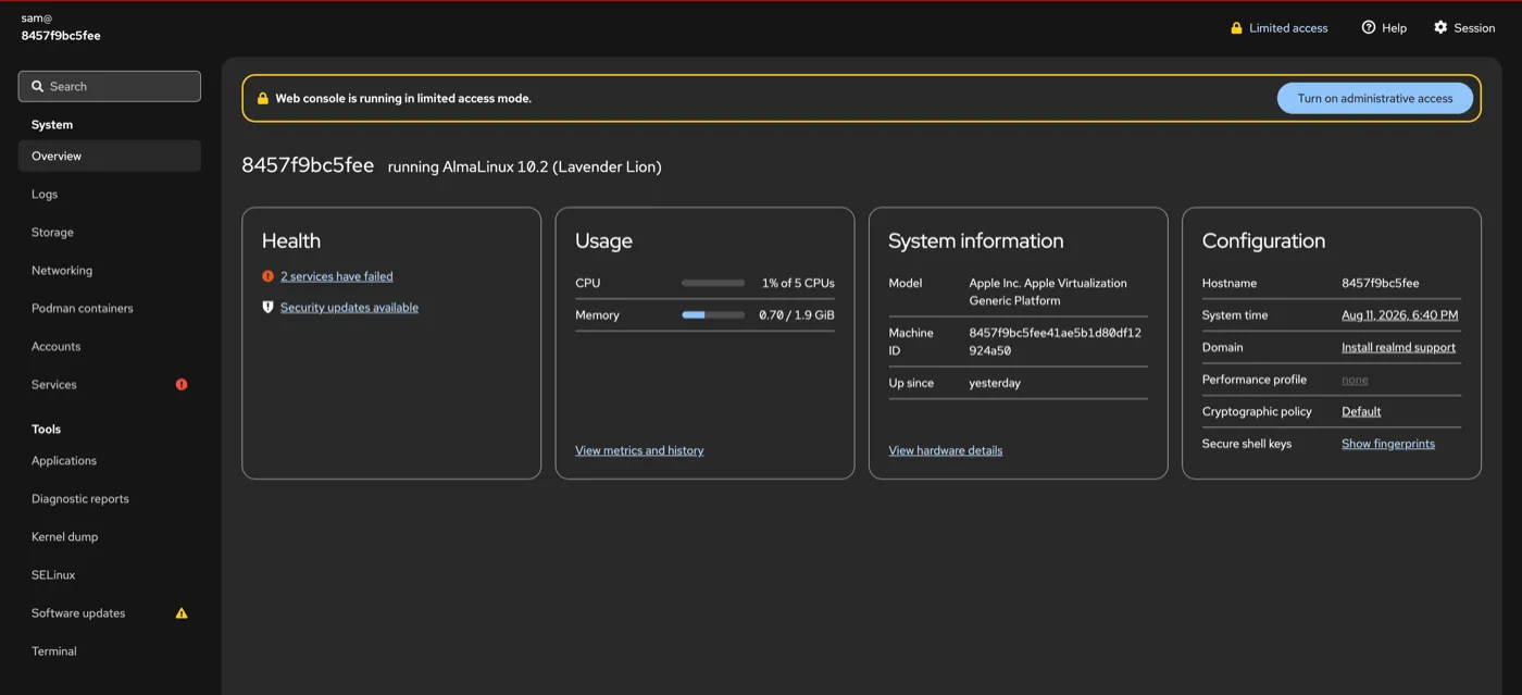 The Cockpit web console overview page in a browser, dark themed. A left sidebar lists System with Overview, Logs, Storage, Networking, Podman containers, Accounts and Services, then a Tools group with Applications, Diagnostic reports, Kernel dump, SELinux, Software updates and Terminal. A yellow banner across the top reads that the web console is running in limited access mode, with a button offering to turn on administrative access. Below it the host name is shown running AlmaLinux 10.2, and four cards follow: Health noting two services have failed and security updates available, Usage showing 1 percent of 5 CPUs and 0.70 of 1.9 GiB memory, System information listing the model, machine ID and uptime, and Configuration listing hostname, system time, domain, performance profile, cryptographic policy and secure shell keys.