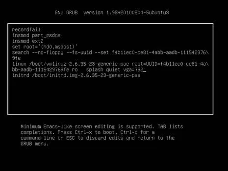 The GRUB edit screen on a black background, reached by pressing e at the boot menu. The header reads GNU GRUB version 1.98. Inside a bordered box the selected entry is shown expanded into its individual commands: recordfail, two insmod lines, a set root line, a search line, then a long linux line naming /boot/vmlinuz with root set to a UUID followed by ro splash quiet and a vga parameter, and finally an initrd line. Help text underneath states that Emacs-like editing is supported, TAB lists completions, Ctrl-x boots, Ctrl-c opens a command line, and ESC discards the edits and returns to the menu.