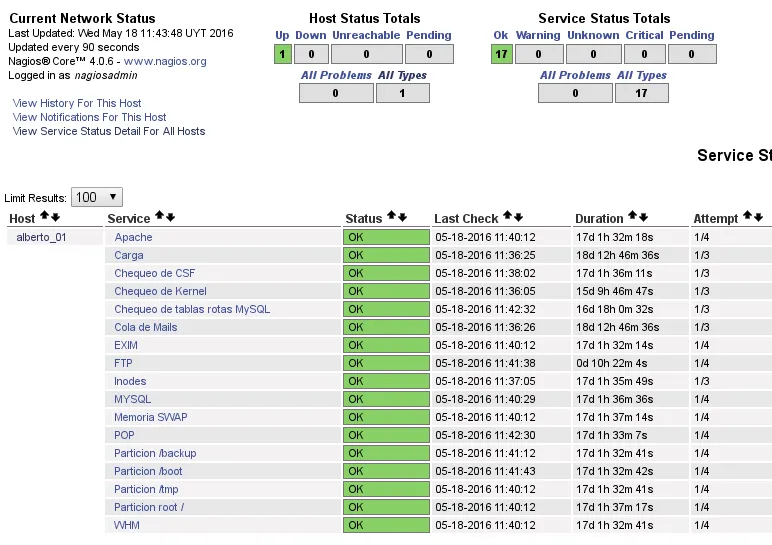 A monitoring system web interface showing a service status page. The top of the page has summary boxes: one host up, and seventeen services showing OK with zero in the warning, unknown, critical and pending columns. Below is a table of seventeen services on a single host, each with a green OK badge, the time of the last check, how long it has been in that state, an attempt counter reading one of four or one of three, and a status message.