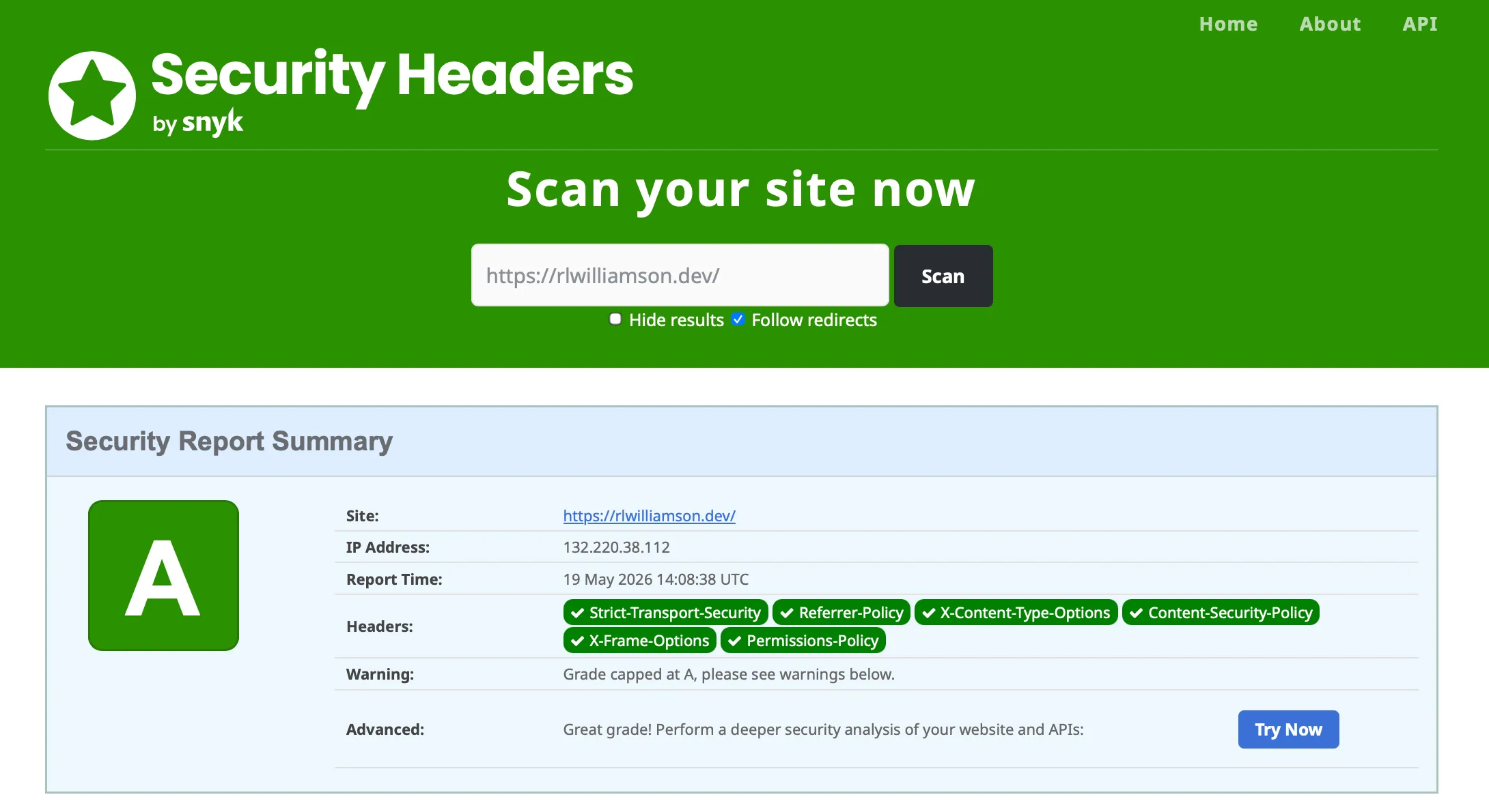 Screenshot showing the A grade result on securityheaders.com for rlwilliamson.dev